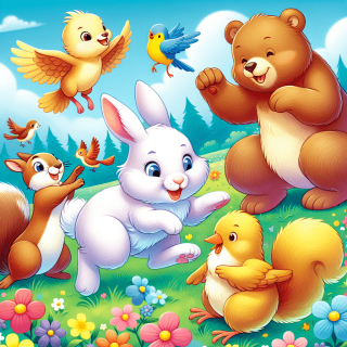 うさぎが他の動物たちと楽しく遊んでいる様子のイラスト