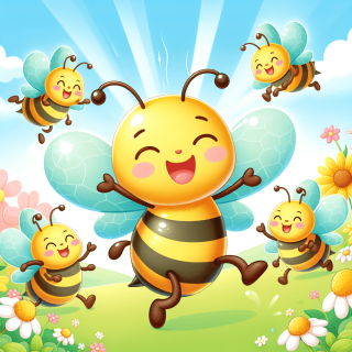 ミツバチが仲間と楽しく戯れている明るいイメージのイラスト