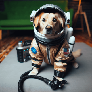 宇宙服を着ている犬 写真
