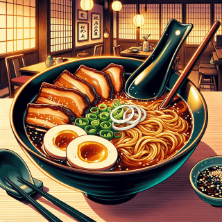 日本の中華料理屋のおいしそうな醤油ラーメンのイラスト