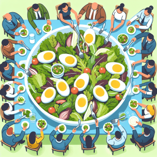 大勢で食べる大きなサラダ　ゆで卵　レタス　ベビーリーフ　イラスト