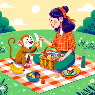 ペットの猿が飼い主と楽しくピクニックしている様子のイラスト