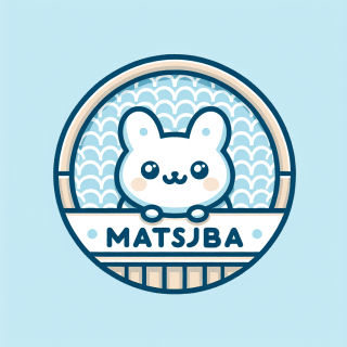 居酒屋「MATSUBA」のロゴ。背景に丸い和柄の模様を入れる。全体的に水色調で可愛い雰囲気