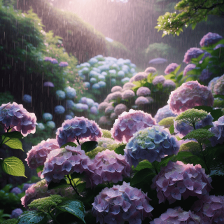 雨降る庭のアジサイ