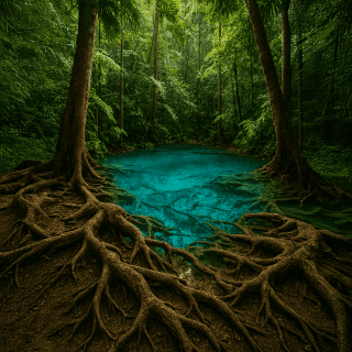 池が青く透き通っているジャングルの木々の根っこが隆起している様子をリアルに作成