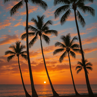 ハワイのヤシの木とサンセットが綺麗に融合された画像