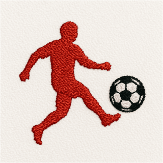 白背景の中に、サッカーボールを蹴っている人のシルエットを赤色で刺繍したデザイン
