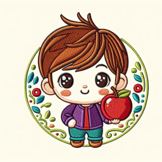 リンゴを持っている小さな子供のキャラクターを刺繍したイラスト