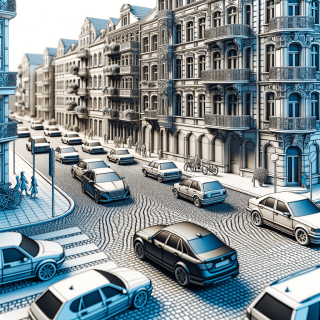 近代のヨーロッパの街並みで車が往来している様子　写真