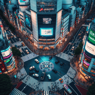 渋谷のスクランブル交差点の鳥観図