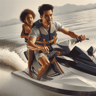 水上バイクで親子が楽しんでいる様子　高画質画像